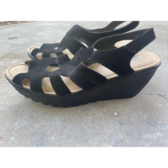 SKETCHERS Womens Memory Foam Wedge Heels Black Strap Suede Sandals Shoes 9.5 - Picture 4 of 12